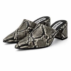 Steve Madden Bishop Snakeskin Print Block Heel Mule Black White Pointed Toe 6.5
